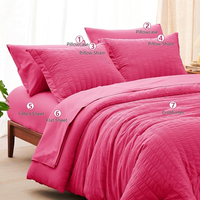 CozyLux Queen Comforter Set Hot Pink Seersucker 7 Pieces Bed in a Bag Queen - Image 8