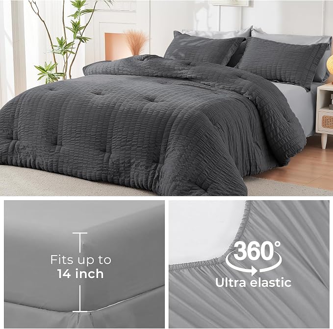 HYMOKEGE Dark Grey/Light Grey California King Comforter Set Seersucker 7 Pieces - Image 6