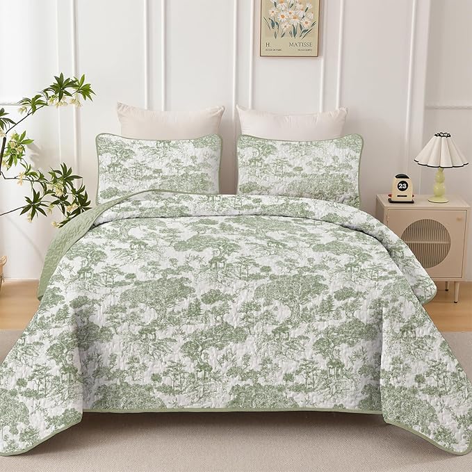 WONGS BEDDING Botanical Quilt Set Twin Size, Sage Green 3 Pieces Toile Floral by WONGSBEDDING