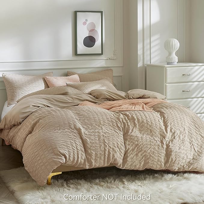 JELLYMONI Khaki Duvet Cover Cal King Size, Soft Breathable Seersucker Duvet - Image 3
