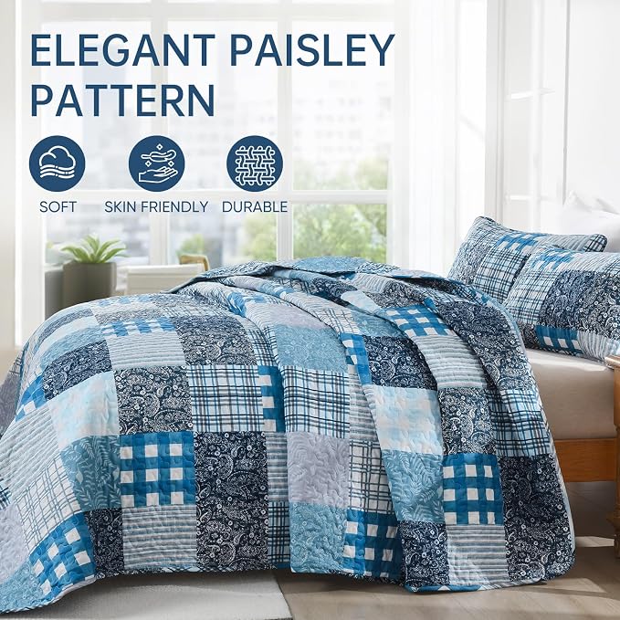 Xruibed Blue Quilt Set King Size 3 Pieces Plaid Floral Boho Bedspread Coverlet - Image 3
