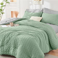 HYMOKEGE Sage Green/Light Grey Twin Comforter Set Seersucker 5 Pieces, All by HYMOKEGE