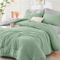 HYMOKEGE Sage Green/Light Grey Full Size Comforter Sets Seersucker 7 Pieces by HYMOKEGE