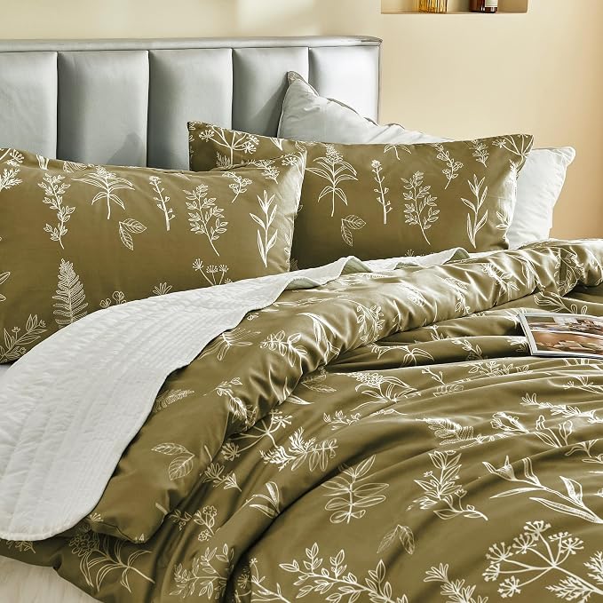 MUXHOMO Duvet Cover Full Size, Reversible Floral Olive Green Duvet Cover Set - Image 8