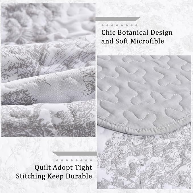 WONGS BEDDING Grey Quilt Set Queen Size, 3 Pieces Botanical Bedspreads Set - Image 4