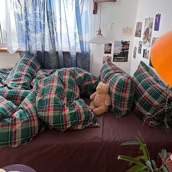 mixinni Vintage Green Buffalo Plaid Washed Cotton Duvet Cover Queen - Image 3