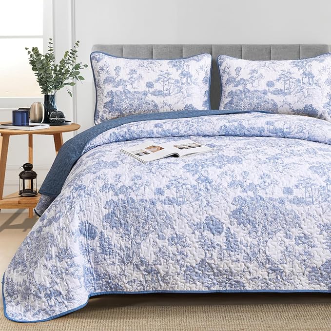 WONGS BEDDING Blue Quilt Set Queen Size, 3 Pieces Botanical Bedspreads Set - Image 7