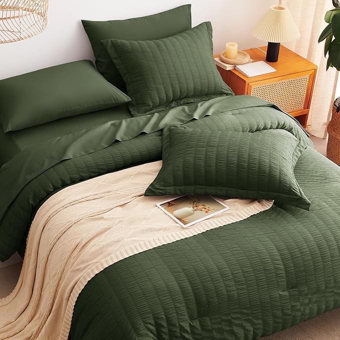 CozyLux King Size Comforter Set Olive Green Seersucker 7 Pieces Bed in a Bag - Image 6