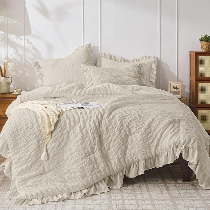 JOLLYVOGUE Queen Comforter Set, 3 Pieces Oatmeal Seersucker Comforters Queen by JOLLYVOGUE