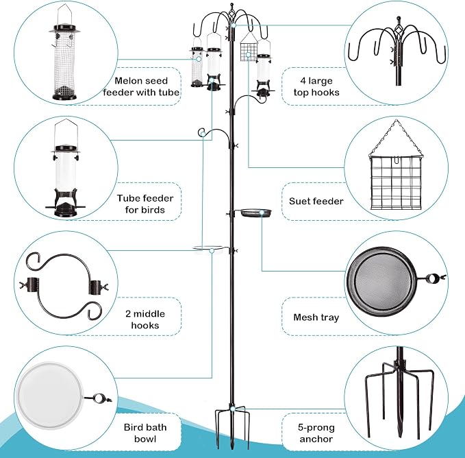 YINGYM 6-Hook Bird Feeding Station Kit, Wild Bird Feeder Stand Pole, Bird Bath - Image 3