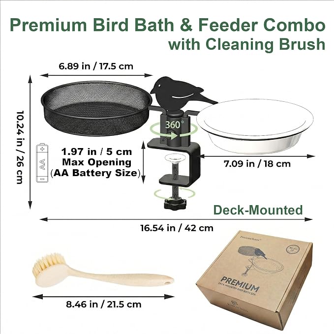 Deck Bird Feeder & Bird Bath for Balcony Railing, No-Drill Clamp Fits up to - Image 4