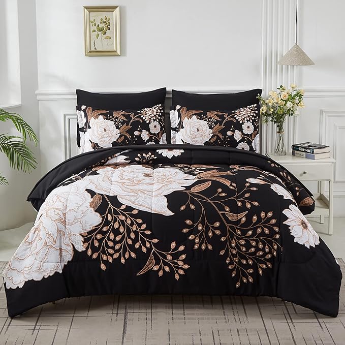 Yogeneg 5 Piece Bed in a Bag Twin Size Comforter Set Botanical Floral Bedding by YOGENEG