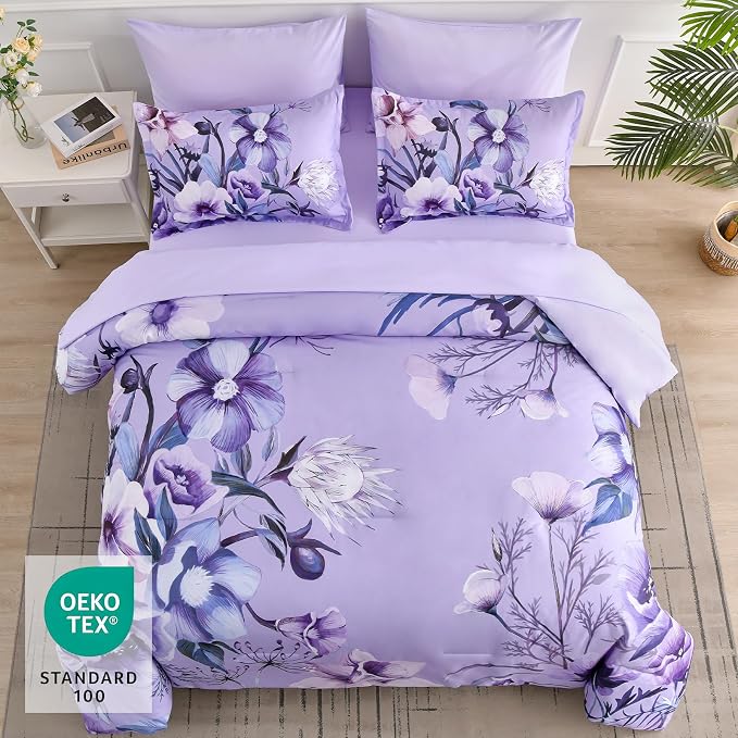 Luxudecor Lavender Purple Floral Comforter Set Queen Size 7 Piece, Flower Bed - Image 3