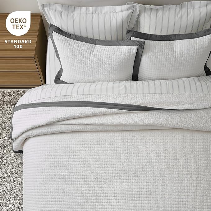 EVERGRACE Cotton Border Frame Tack-Stitch Quilt Bedding Set Queen Size - Image 5