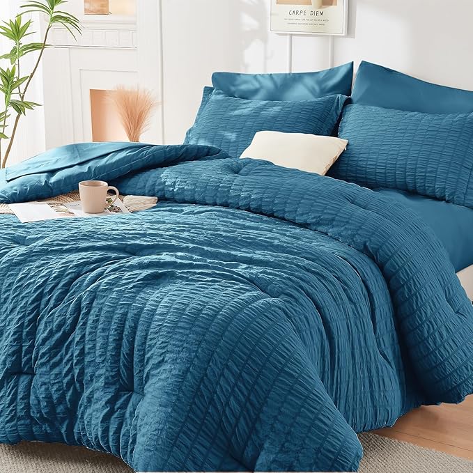 HYMOKEGE Teal California King Comforter Set Seersucker 7 Pieces, All Season by HYMOKEGE