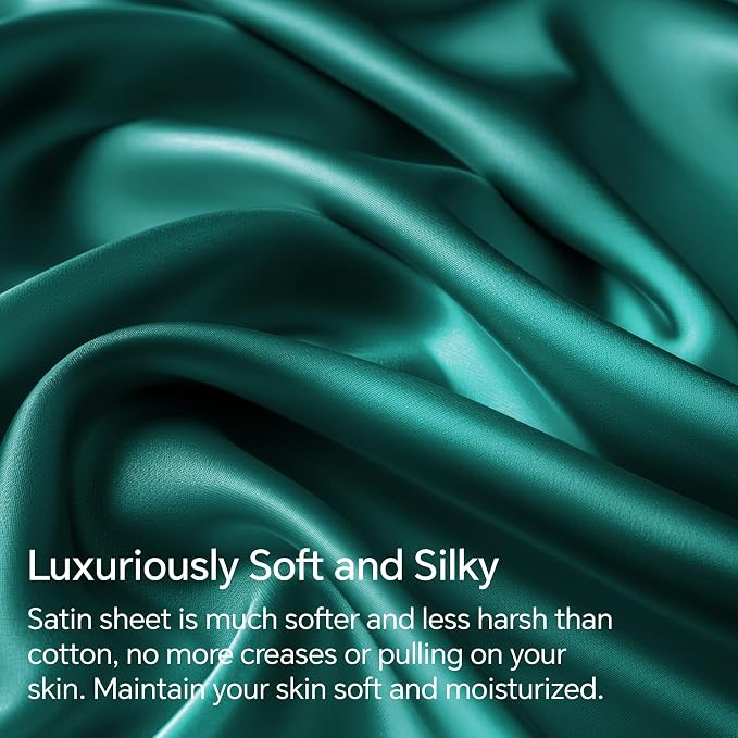 BEDELITE Satin Sheets Queen Size Bed Set, Luxury Soft Teal Silky Sheets - Image 3