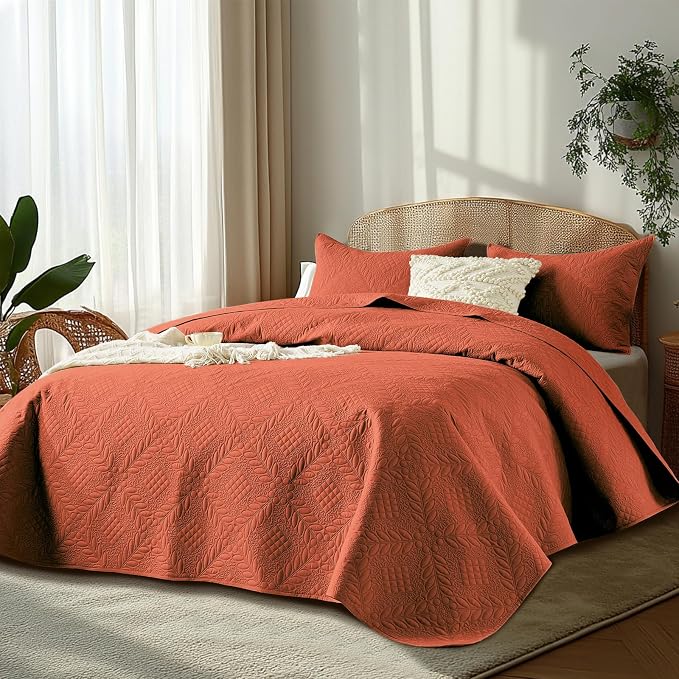FLYMME Full Queen Quilt Bedding Set, Lightweight Burnt Orange Bedspreads - Image 2