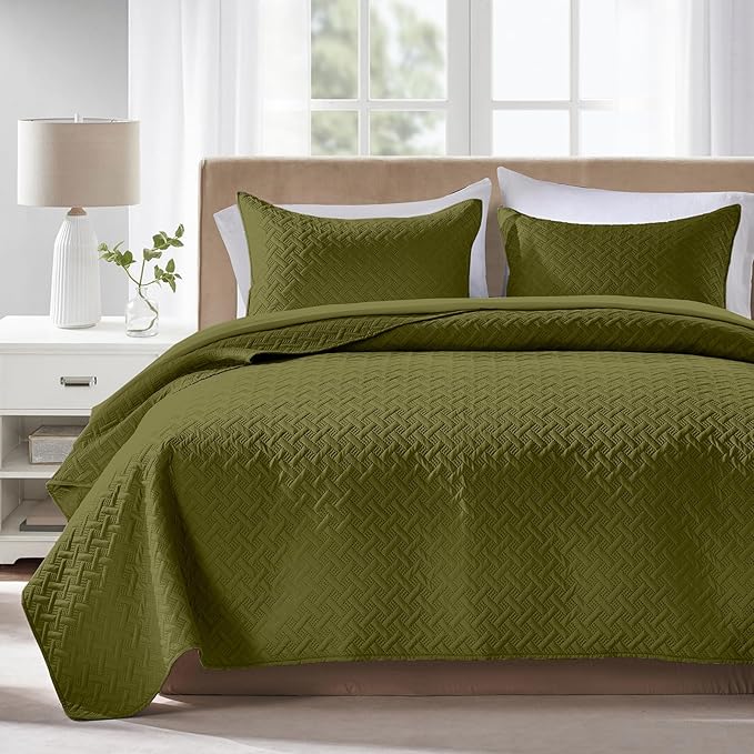 FLYMME Quilts King Size, Lightweight Olive Green Bedspreads, Basket Weave by FLYMME