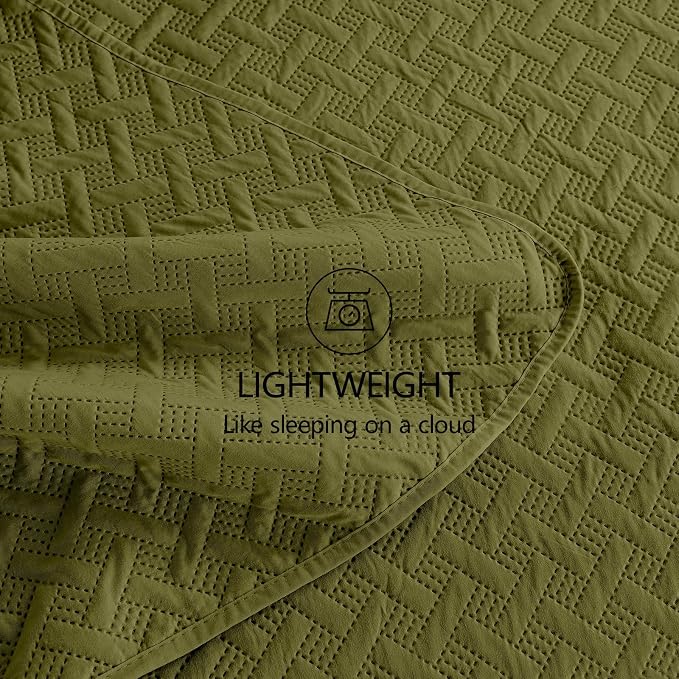 FLYMME Quilts Queen Size, Lightweight Olive Green Bedspreads, Basket Weave - Image 7