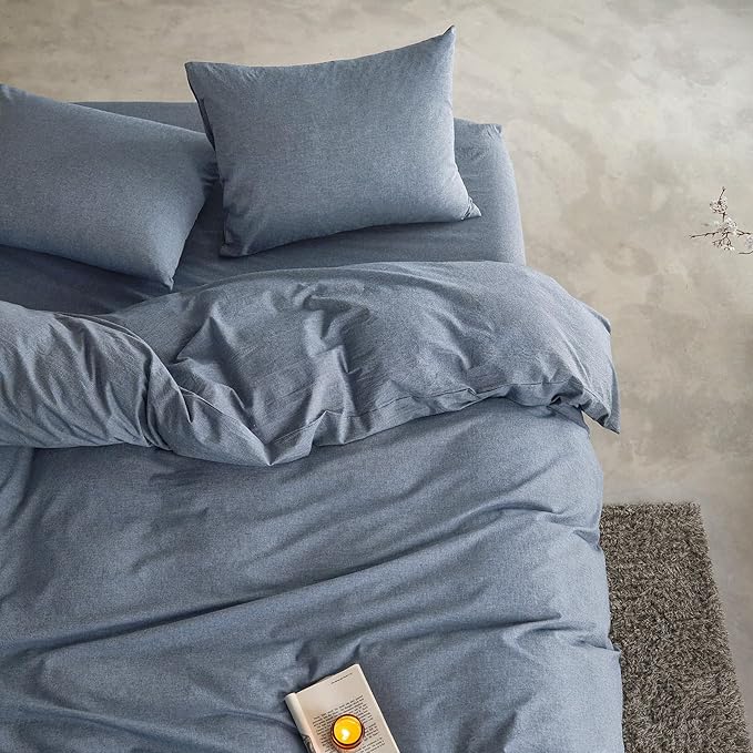 Wake In Cloud - Cotton Duvet Cover Set, King Size, Chambray Denim Blue - Image 5