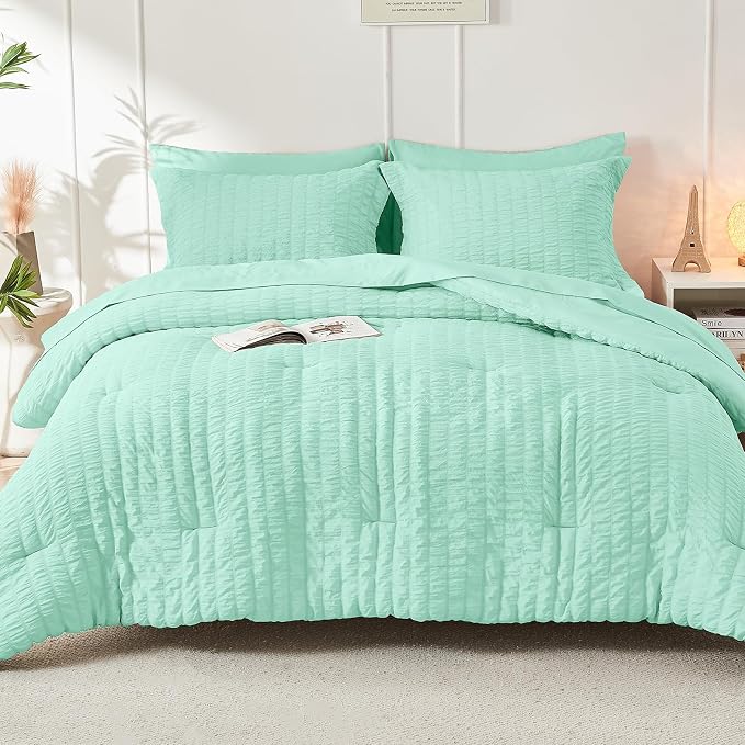 HYMOKEGE Mint Green Full Size Comforter Sets Seersucker 7 Pieces, All Season - Image 9