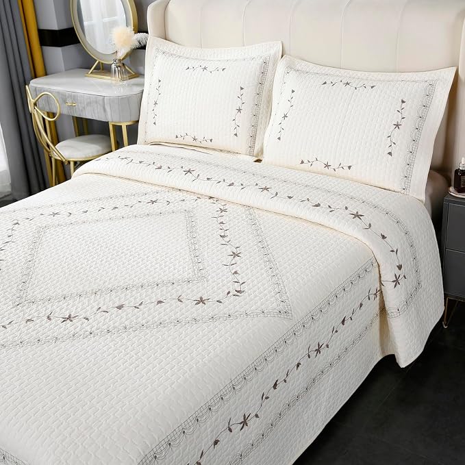ROOMLIFE Quilt Set Full Size 3D Floral Embroidery Pattern 3-Piece Cotton - Image 3