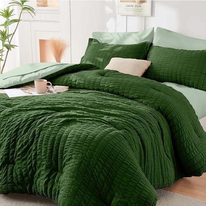 HYMOKEGE Dark Green/Sage Green Queen Comforter Set Seersucker 7 Pieces by HYMOKEGE