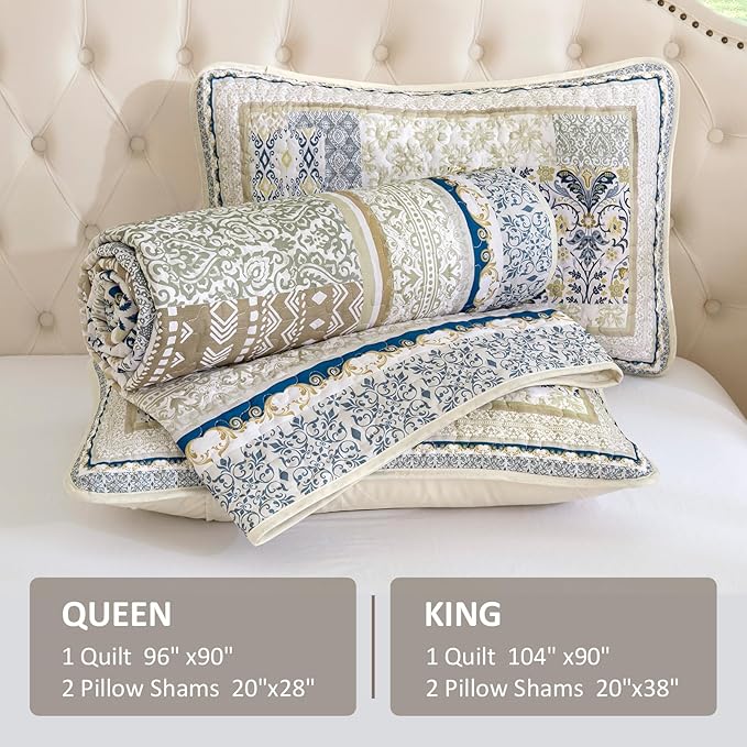 WONGS BEDDING Boho Quilt Set King, 3 Pieces Beige Patchwork Bedspread Coverlet - Image 6