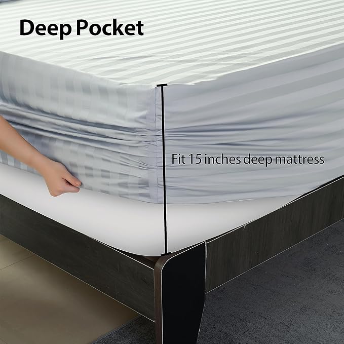 California King Size Striped Fitted Sheet Only Gray Color, 100% Egyptian Cotton - Image 4