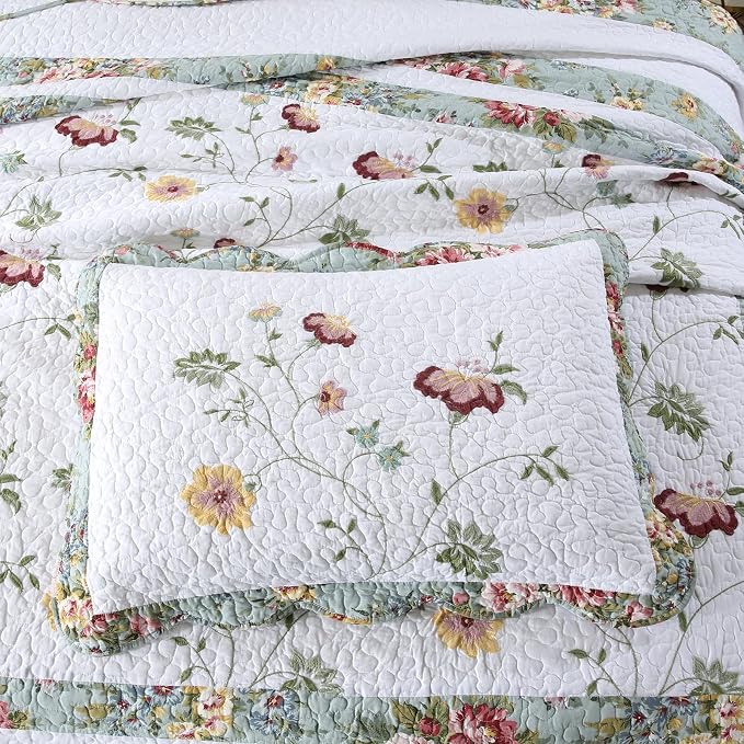 ROOMLIFE Quilt Set Full Size 3D Floral Embroidery Pattern 3-Piece Cotton - Image 7