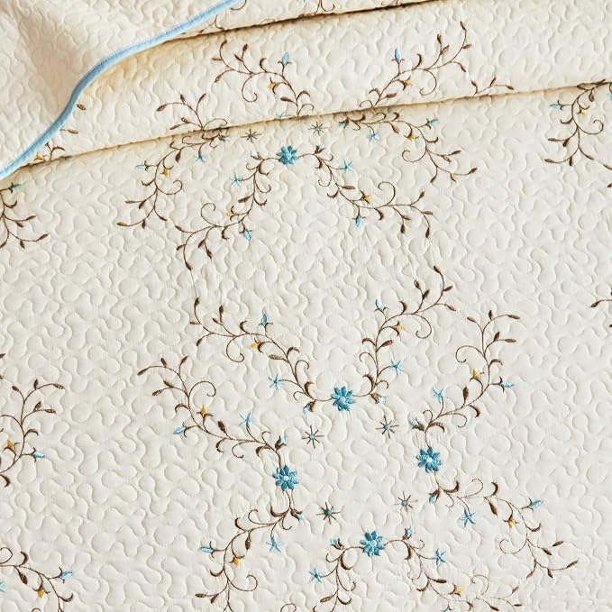 ROOMLIFE Quilt Set Queen Size 3D Floral Embroidery Pattern 3-Piece Cotton - Image 5