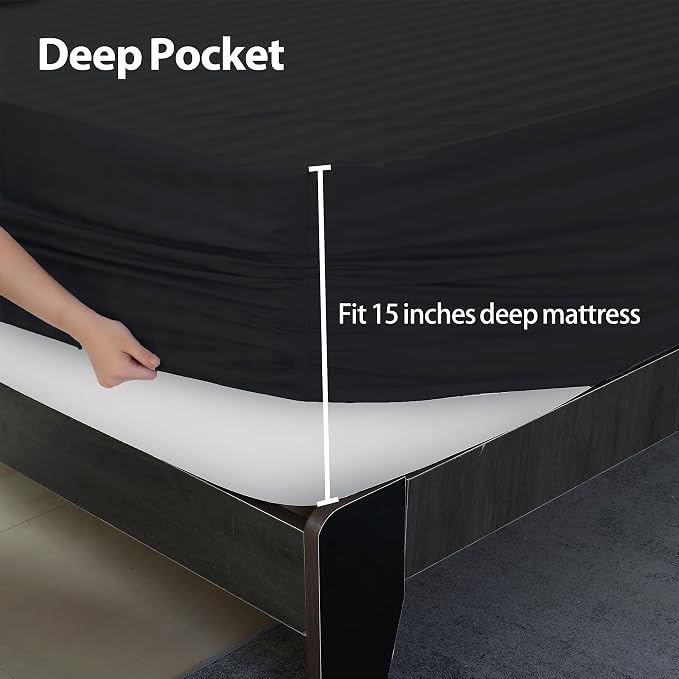 King Size Striped Fitted Sheet Only Black Color, 100% Egyptian Cotton 600 - Image 6