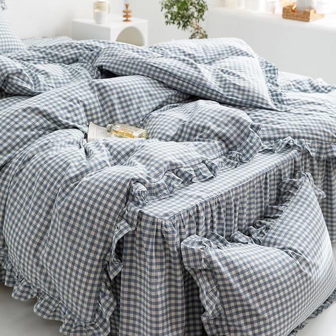 mixinni Blue White Gingham Ruffle Duvet Cover Twin Size 3 Pieces – 100% Washed - Image 5