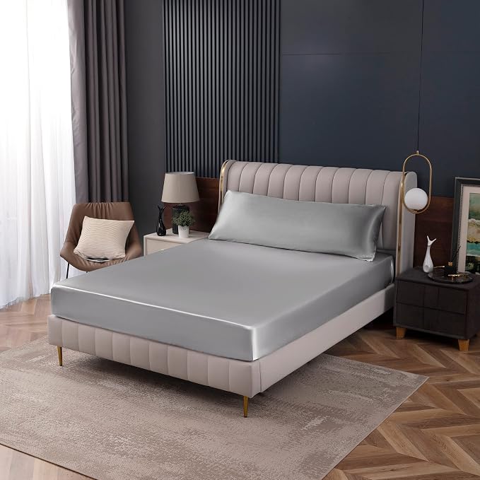 Homiest Luxury Light Grey Satin Fitted Twin Size Deep Pocket Bed Sheet - Image 8