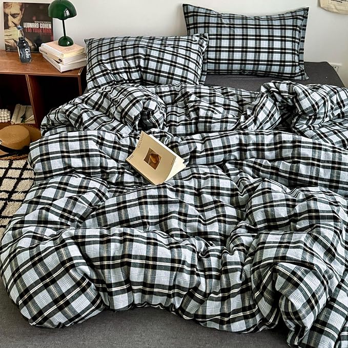 mixinni Vintage Grey & Pale Blue Buffalo Plaid Duvet Cover Set Full Size - Image 4