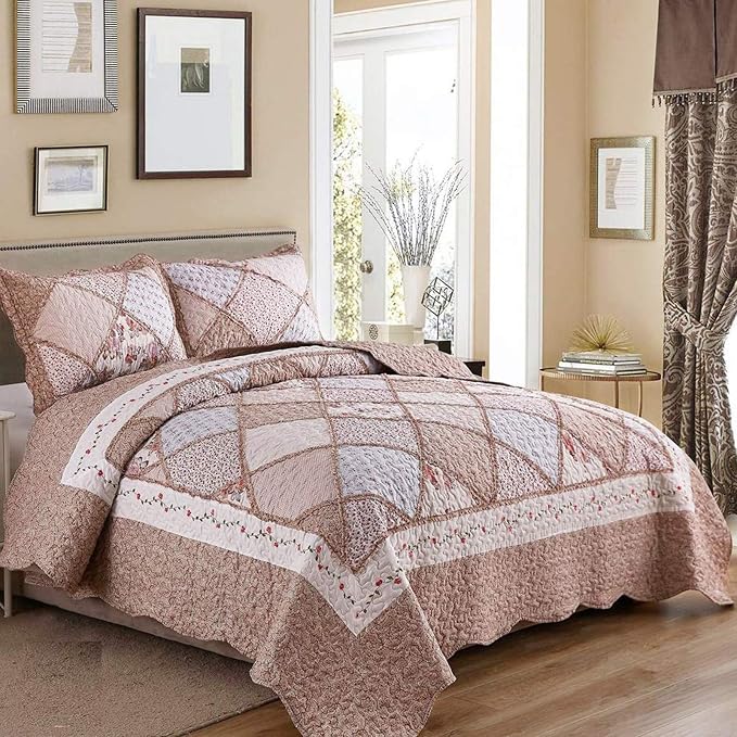VIVILINEN Queen Size Quilt Set 3-Piece Light Pink Floral Patchwork Reversible - Image 8
