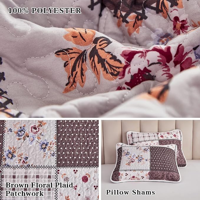 Patchwork Quilt Set Twin Size, 2 Pieces Brown White Floral Plaid Design Summer - Image 6
