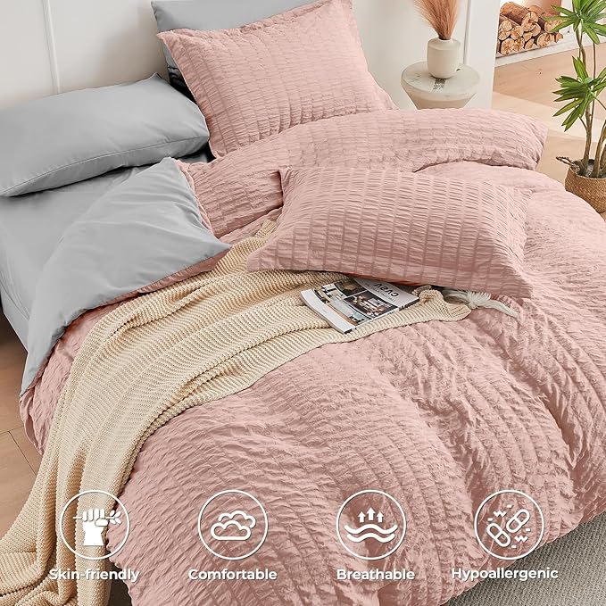 HYMOKEGE Rose Gold/Light Grey Full Size Comforter Sets Seersucker 7 Pieces - Image 3