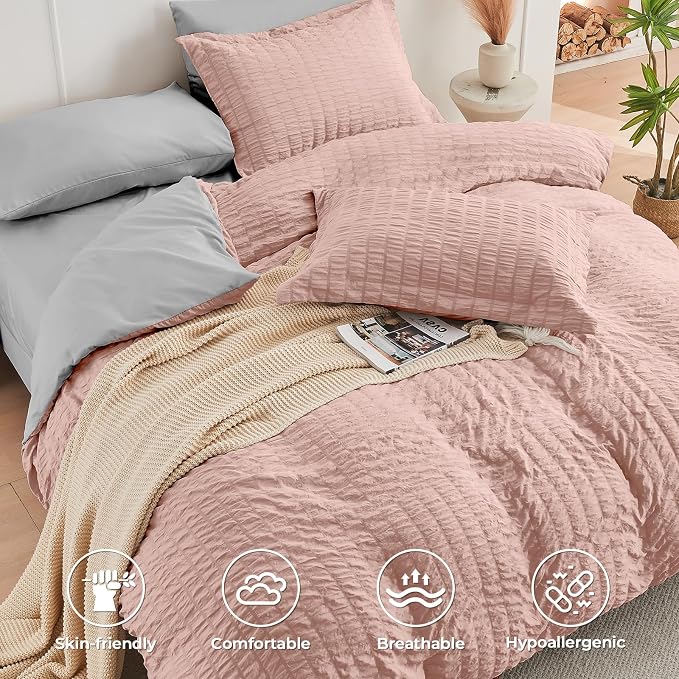 HYMOKEGE Rose Gold/Light Grey Twin Comforter Set Seersucker 5 Pieces, All - Image 3