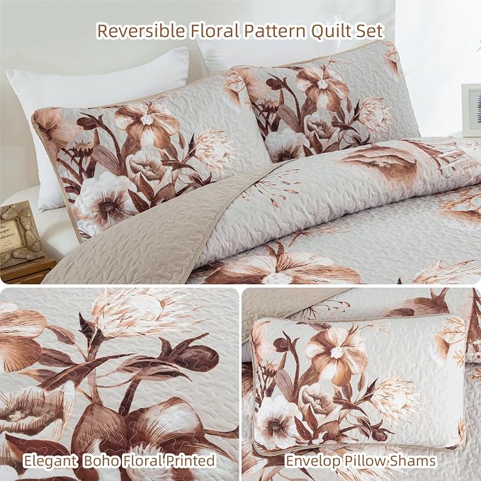 Khaki Floral Quilt Set Queen 3 Pieces Boho Flower Quilt Coverlet Set Soft - Image 7
