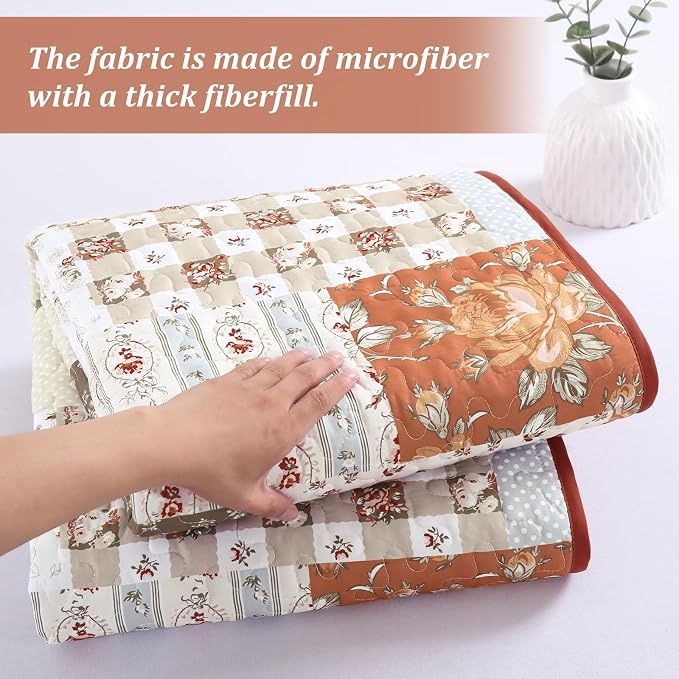 Patchwork Quilts Set Queen Size 3 Pieces Terracotta Plaid Bedspread Coverlet Set - Image 5