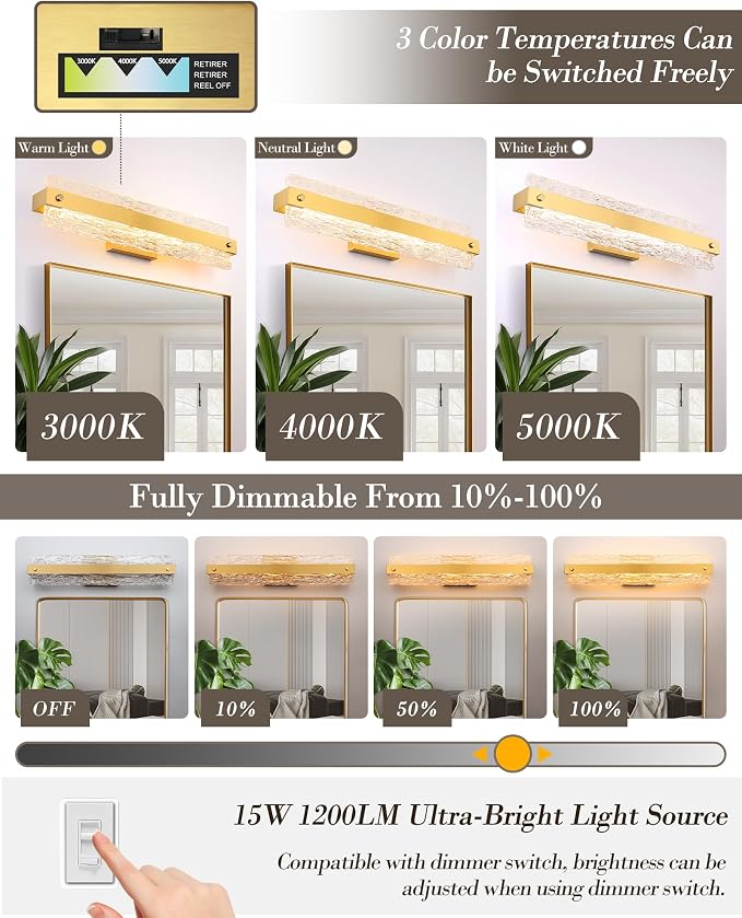 Brushed Gold LED Bathroom Vanity Light, 24.4 Inch 15W Modern Dimmable Bathroom - Image 4