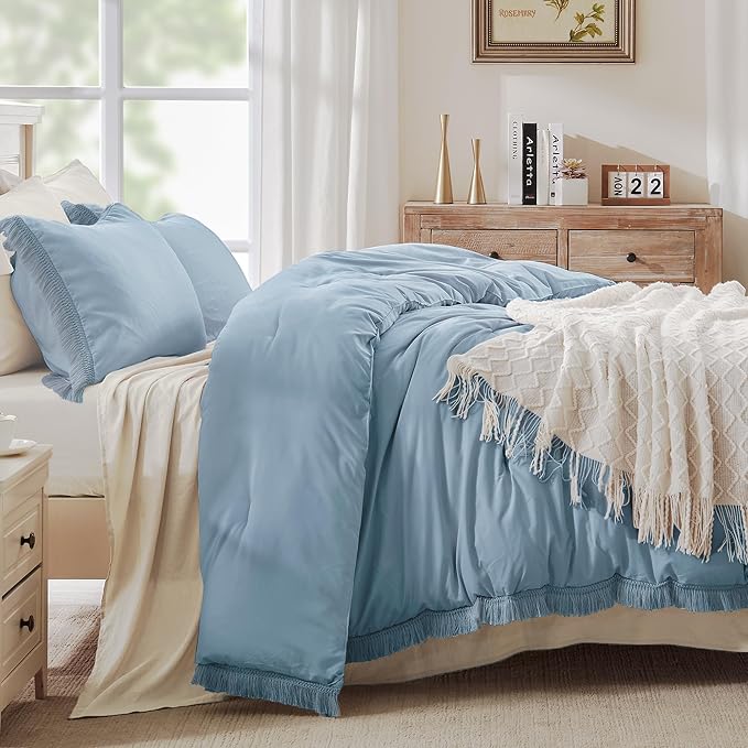 Andency Grayish Blue Comforter Set California King, 3 Pieces Boho Tassel - Image 2