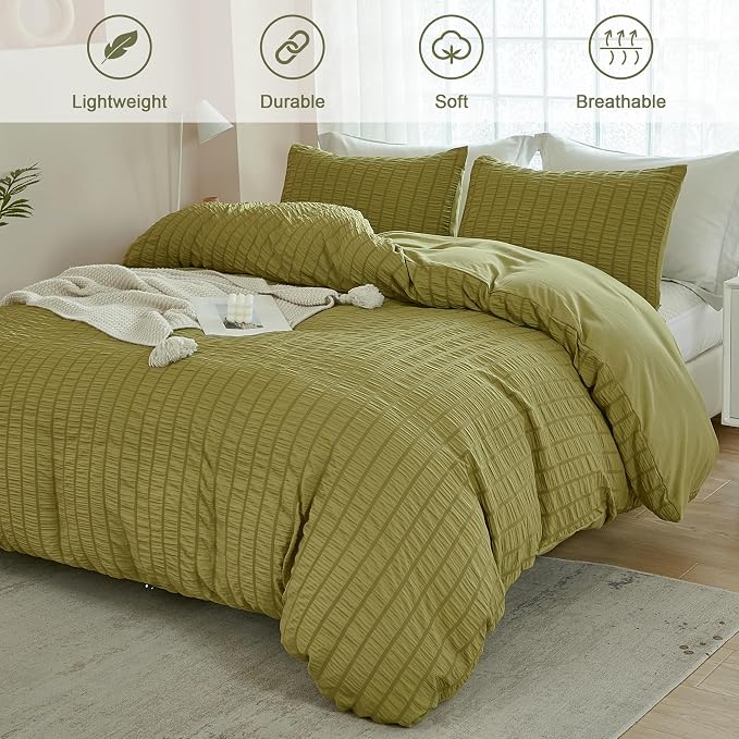 AveLom Olive Green Seersucker Duvet Cover Set King Size, 3 Pieces, Ultra Soft - Image 2