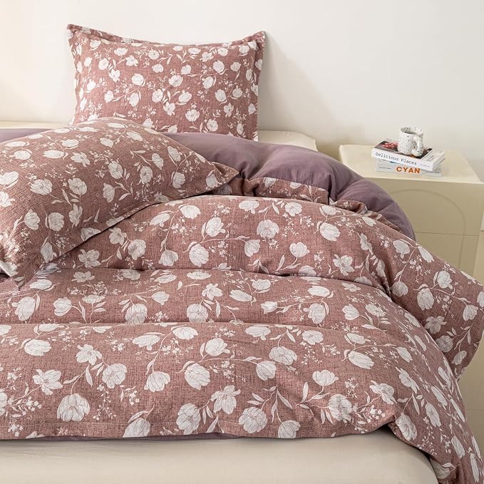 OAITE Purple Flower Queen Size Duvet Cover-3 Pieces Prewashed Cotton-Like - Image 5