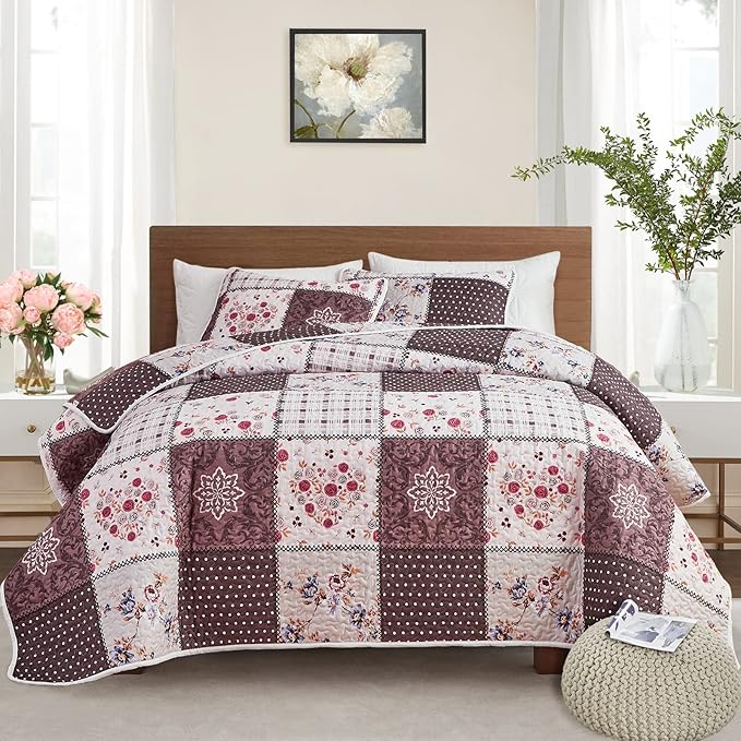 Patchwork Quilt Set Twin Size, 2 Pieces Brown White Floral Plaid Design Summer by Flysheep