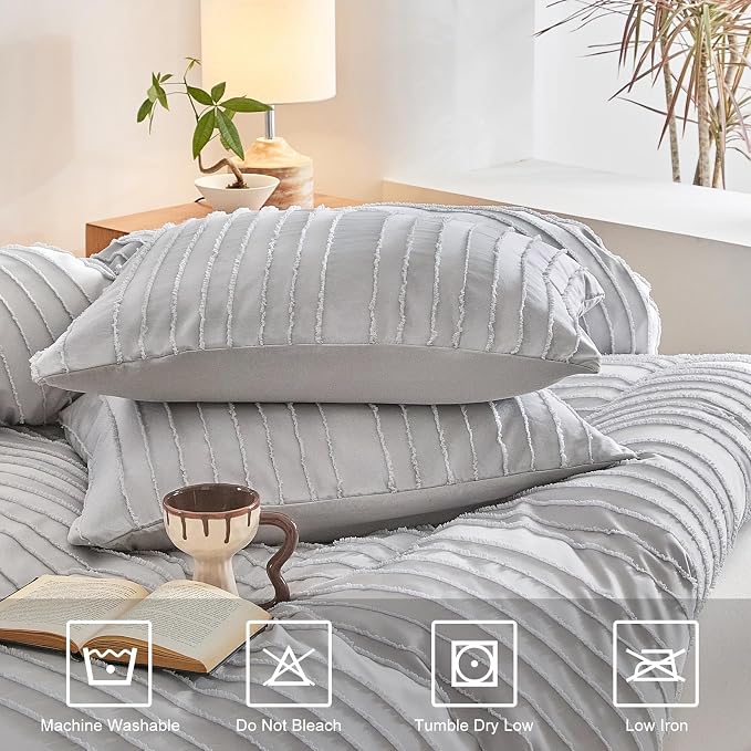 WARMDERN King Boho Duvet Cover Set, Light Grey Striped Microfiber 3pcs Bedding - Image 4