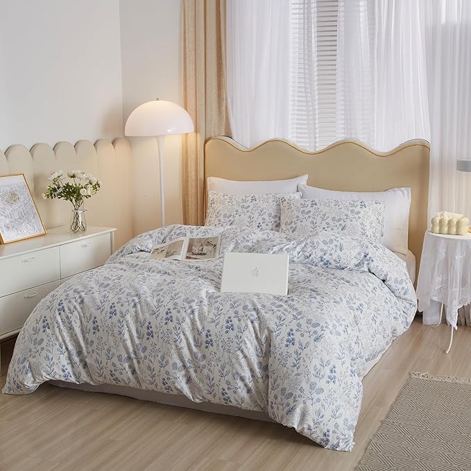 mixinni Blue Flower Duvet Cover Full Leaves Pattern 100% Cotton Full Size - Image 3