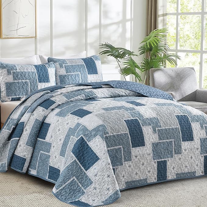 Xruibed Blue Boho Quilt Set King Size, 3 Pieces Plaid Floral Bedspread Coverlet - Image 2