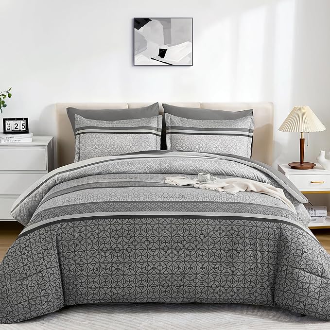 WONGS BEDDING Grey Comforter Set Queen Size, 7 Pieces Striped Bed in a Bag - Image 2